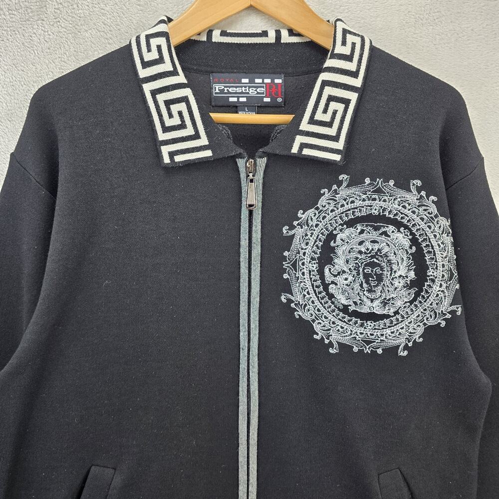 Vintage Royal Prestige Full Zip Jacket Large Black Embroidered Medusa Greek Key - Picture 2 of 16